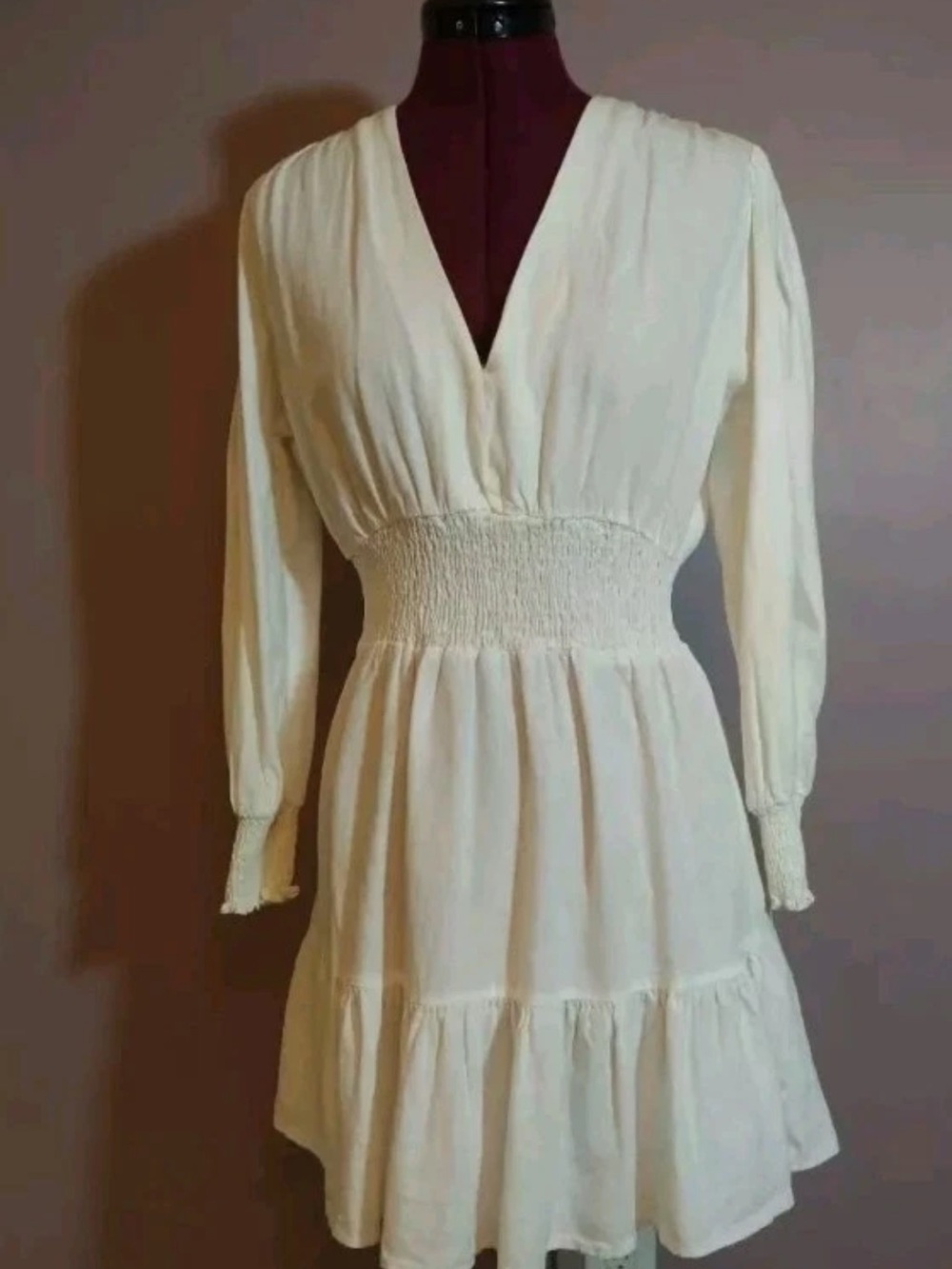 Zara white V-Neck Smocked-Waist Long Sleeve Dress